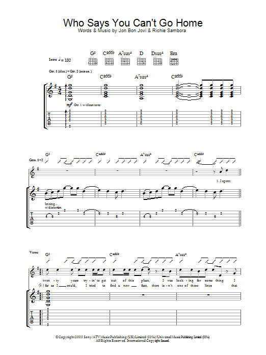 Download Bon Jovi Who Says You Can't Go Home Sheet Music and learn how to play Guitar Tab PDF digital score in minutes