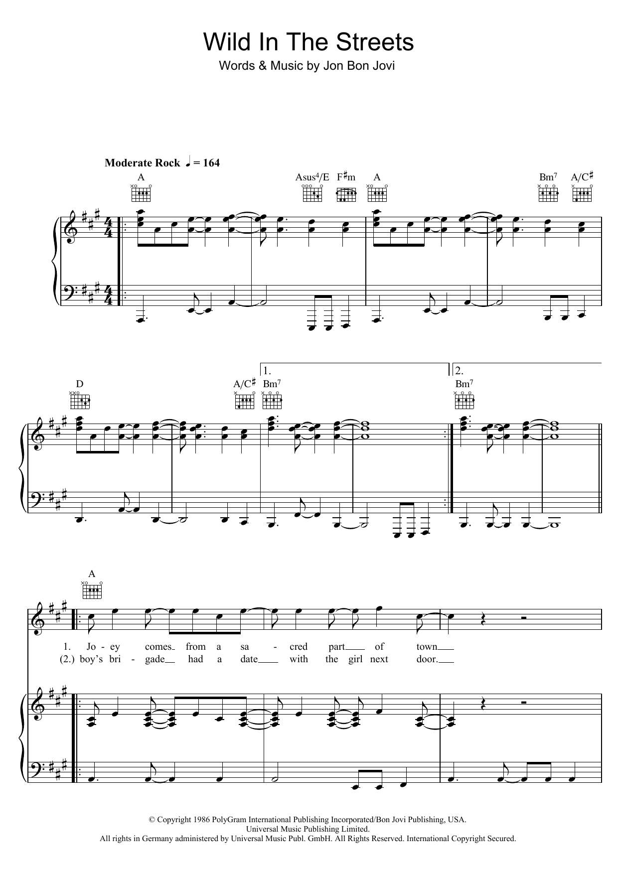Download Bon Jovi Wild In The Streets Sheet Music and learn how to play Piano, Vocal & Guitar (Right-Hand Melody) PDF digital score in minutes