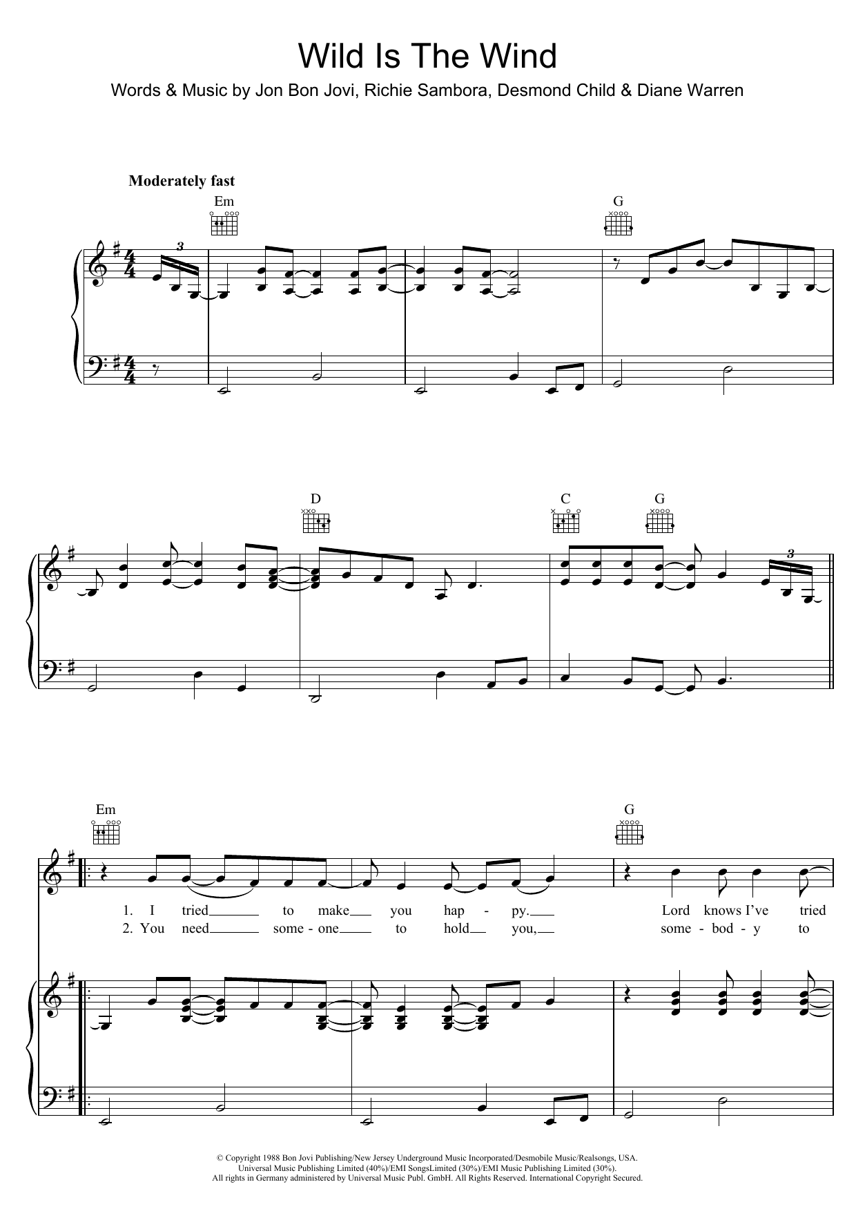 Download Bon Jovi Wild Is The Wind Sheet Music and learn how to play Piano, Vocal & Guitar (Right-Hand Melody) PDF digital score in minutes