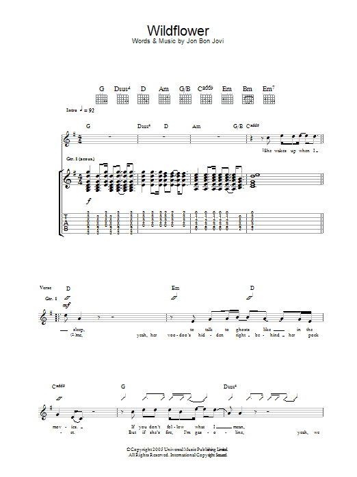 Download Bon Jovi Wildflower Sheet Music and learn how to play Guitar Tab PDF digital score in minutes