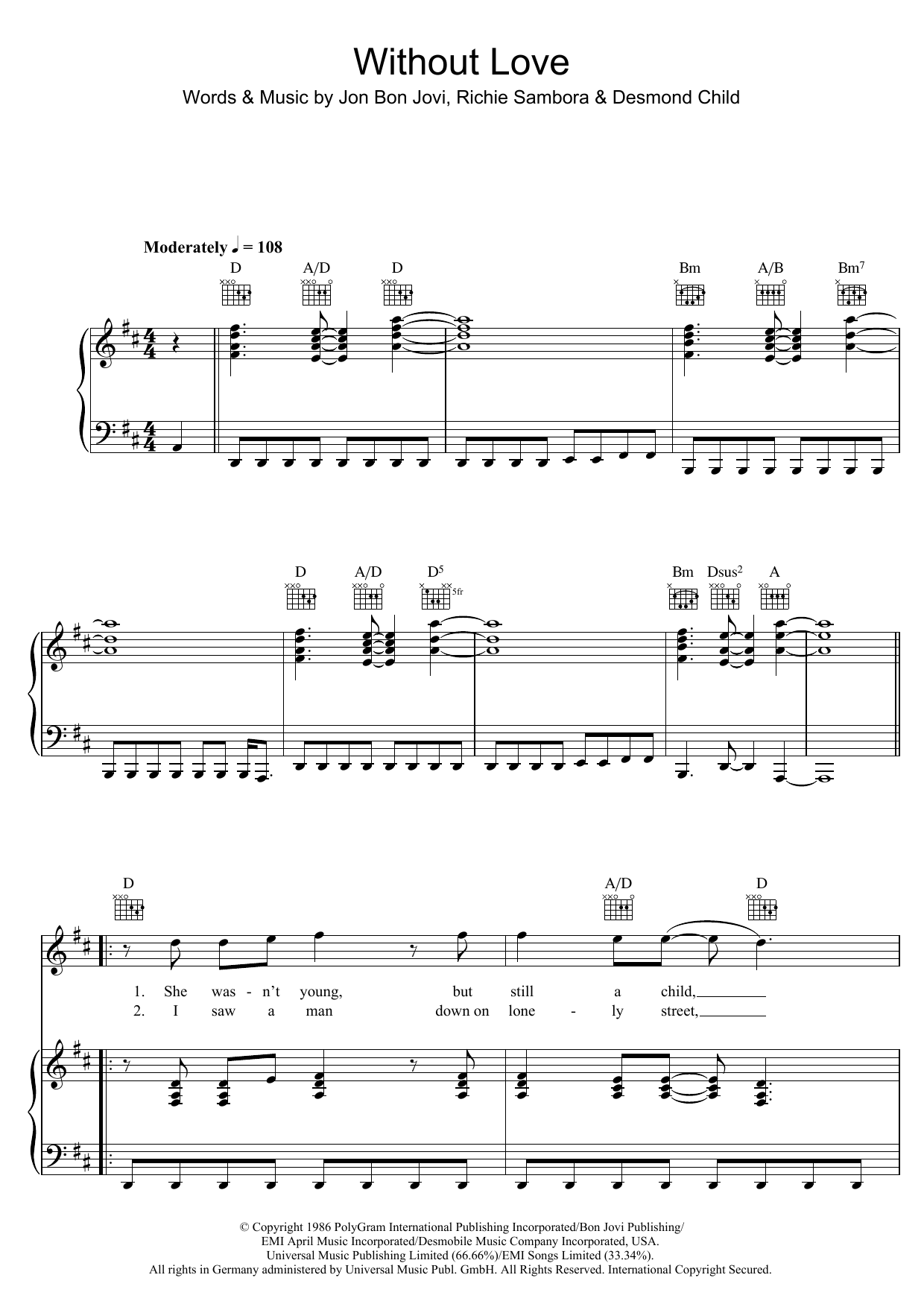 Download Bon Jovi Without Love Sheet Music and learn how to play Piano, Vocal & Guitar (Right-Hand Melody) PDF digital score in minutes