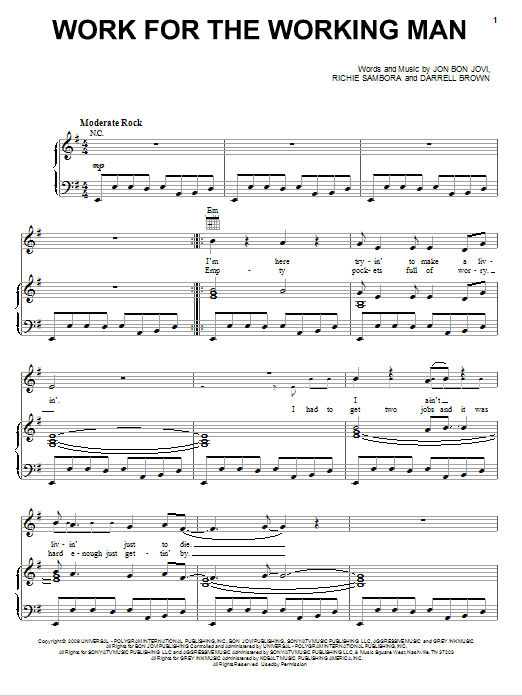 Download Bon Jovi Work For The Working Man Sheet Music and learn how to play Piano, Vocal & Guitar (Right-Hand Melody) PDF digital score in minutes