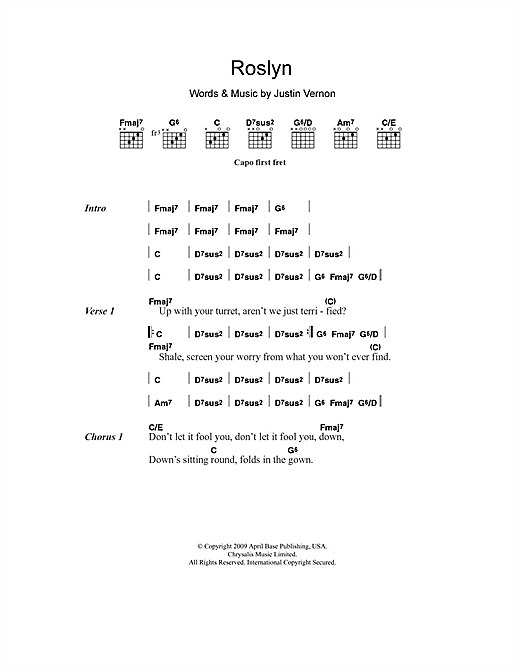 Download Bon Iver & St. Vincent Roslyn Sheet Music and learn how to play Lyrics & Chords PDF digital score in minutes