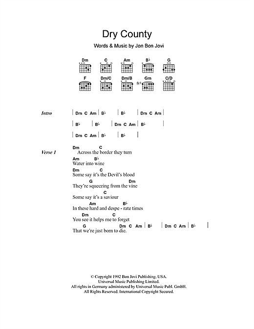 Download Bon Jovi Dry County Sheet Music and learn how to play Lyrics & Chords PDF digital score in minutes