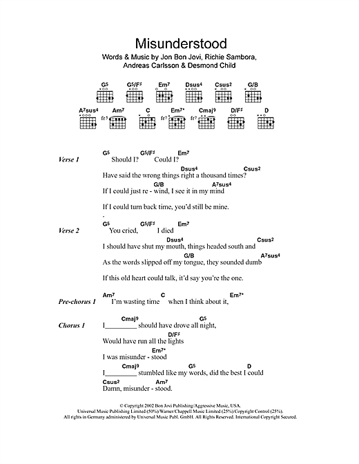 Download Bon Jovi Misunderstood Sheet Music and learn how to play Lyrics & Chords PDF digital score in minutes