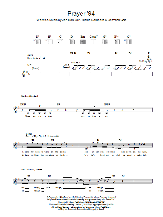 Download Bon Jovi Prayer '94 Sheet Music and learn how to play Guitar Tab PDF digital score in minutes