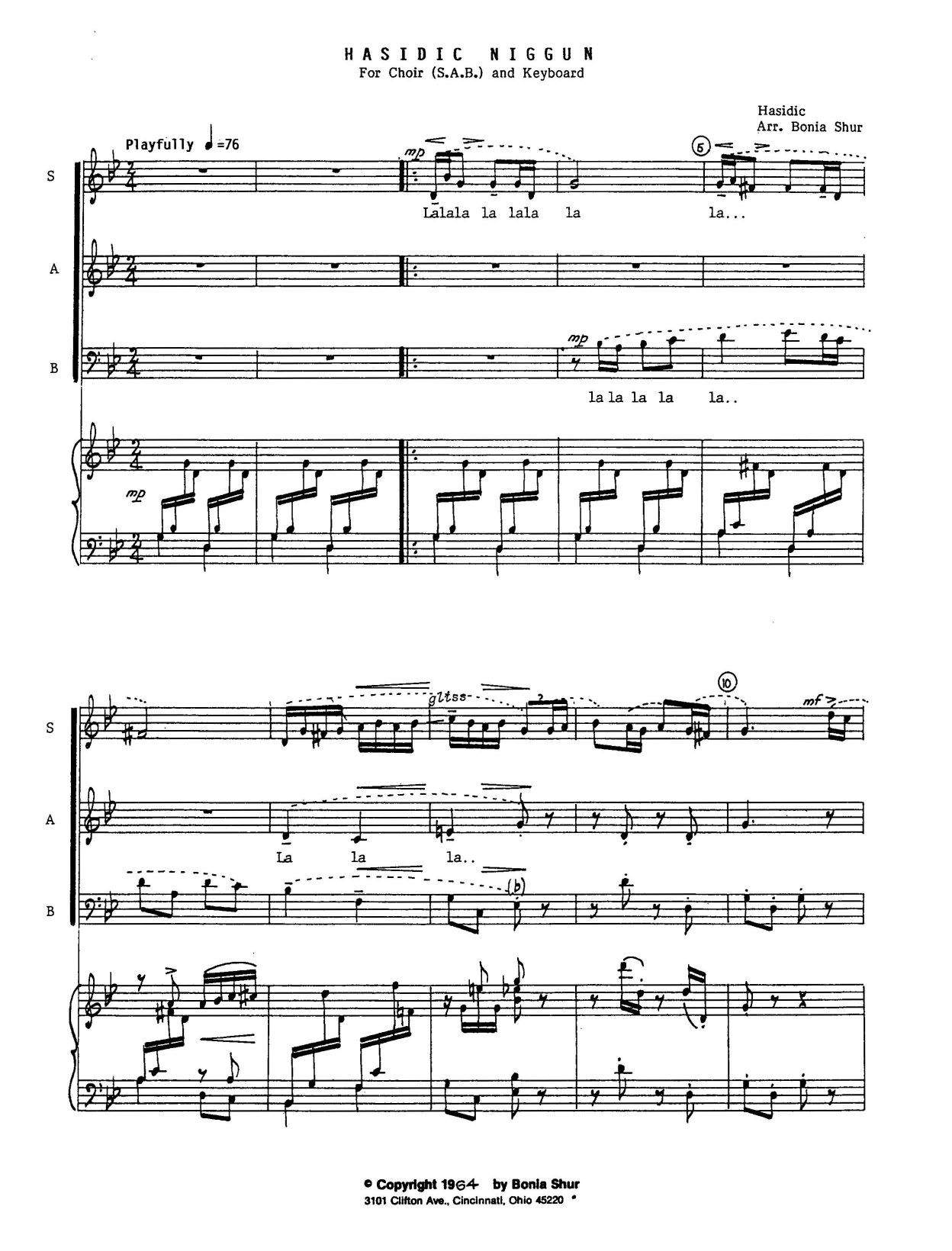 Download Bonia Shur Hasidic Niggun Sheet Music and learn how to play SAB Choir PDF digital score in minutes