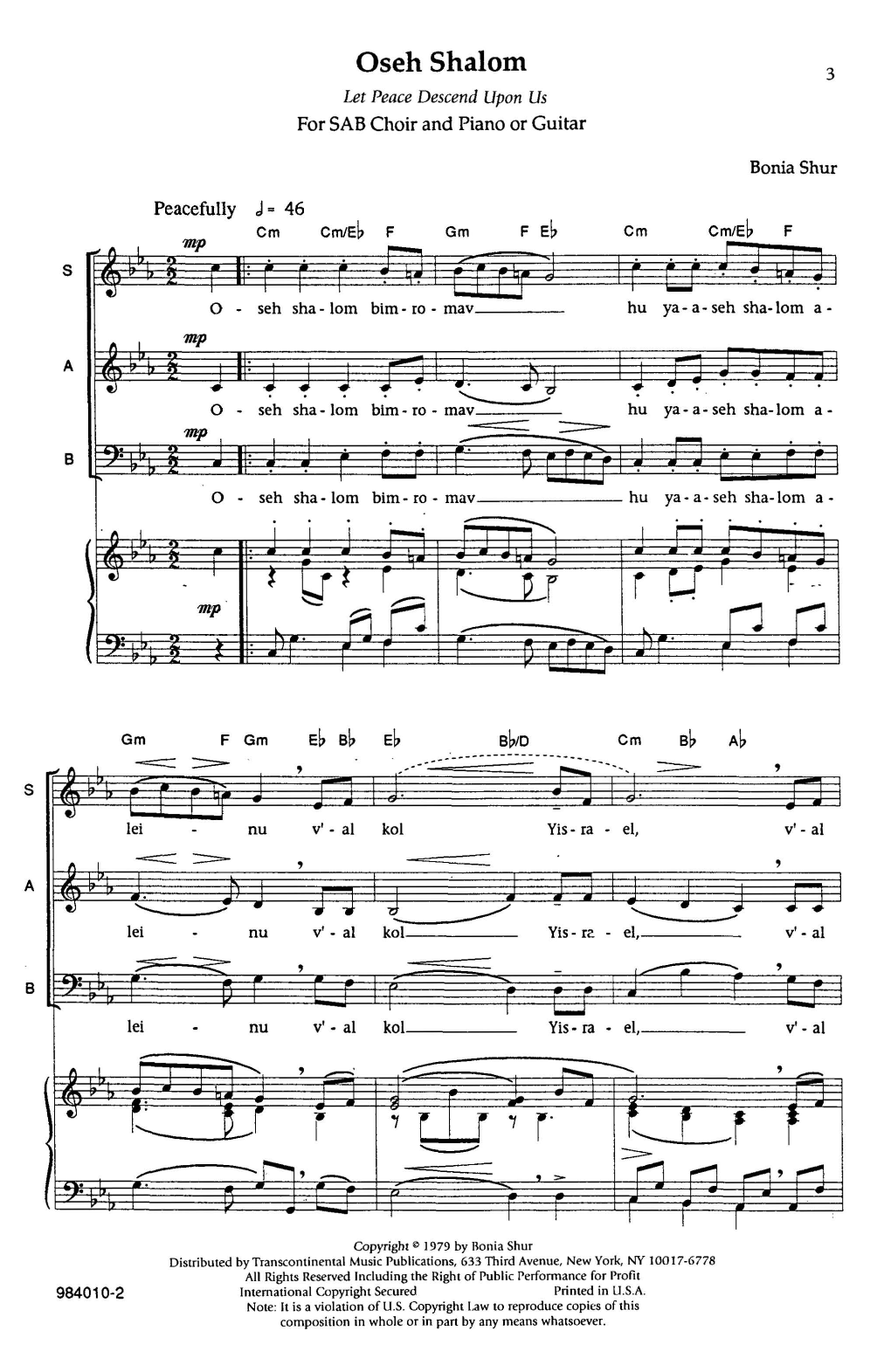 Download Bonia Shur Oseh Shalom Sheet Music and learn how to play SAB Choir PDF digital score in minutes