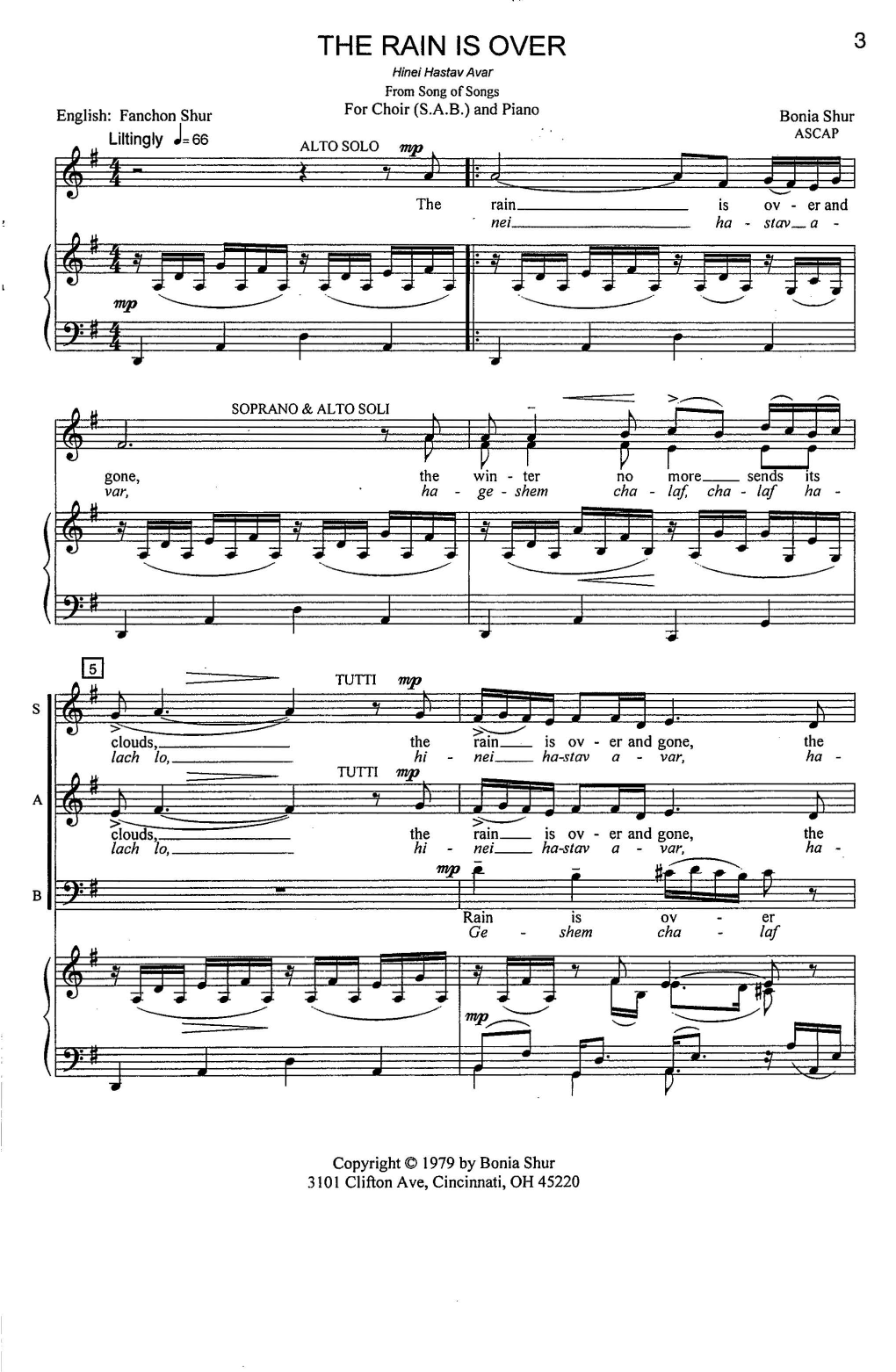 Download Bonia Shur The Rain Is Over Sheet Music and learn how to play SAB Choir PDF digital score in minutes