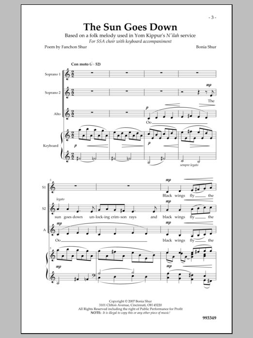 Download Bonia Shur The Sun Goes Down Sheet Music and learn how to play SSA Choir PDF digital score in minutes