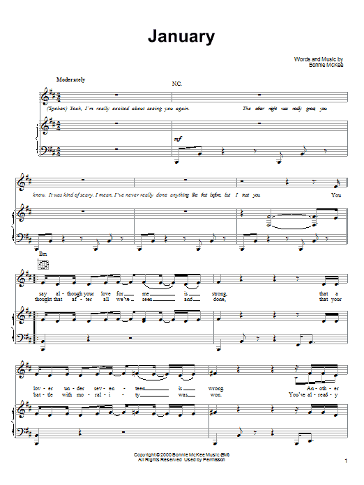 Download Bonnie McKee January Sheet Music and learn how to play Piano, Vocal & Guitar (Right-Hand Melody) PDF digital score in minutes