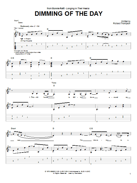 Download Bonnie Raitt Dimming Of The Day Sheet Music and learn how to play Guitar Tab PDF digital score in minutes