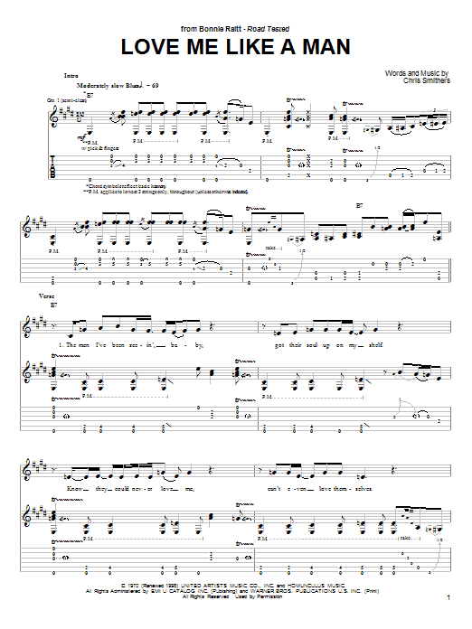 Download Bonnie Raitt Love Me Like A Man Sheet Music and learn how to play Guitar Tab PDF digital score in minutes