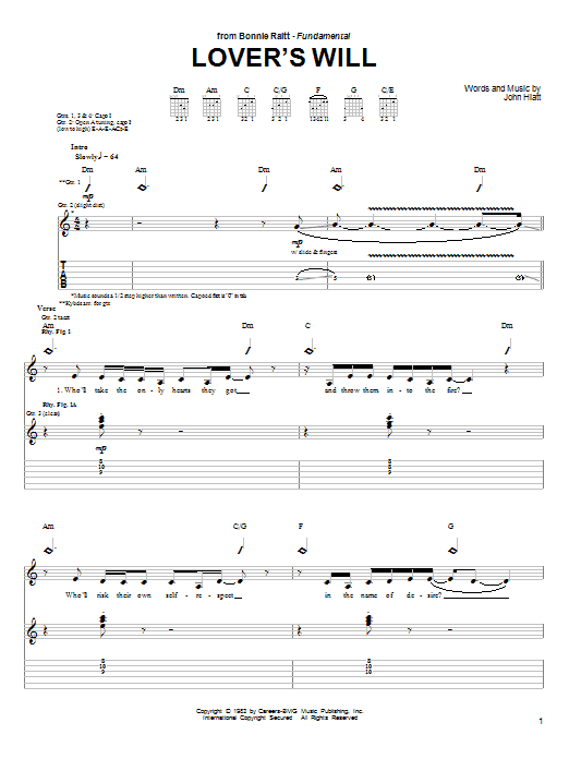 Download Bonnie Raitt Lover's Will Sheet Music and learn how to play Guitar Tab PDF digital score in minutes