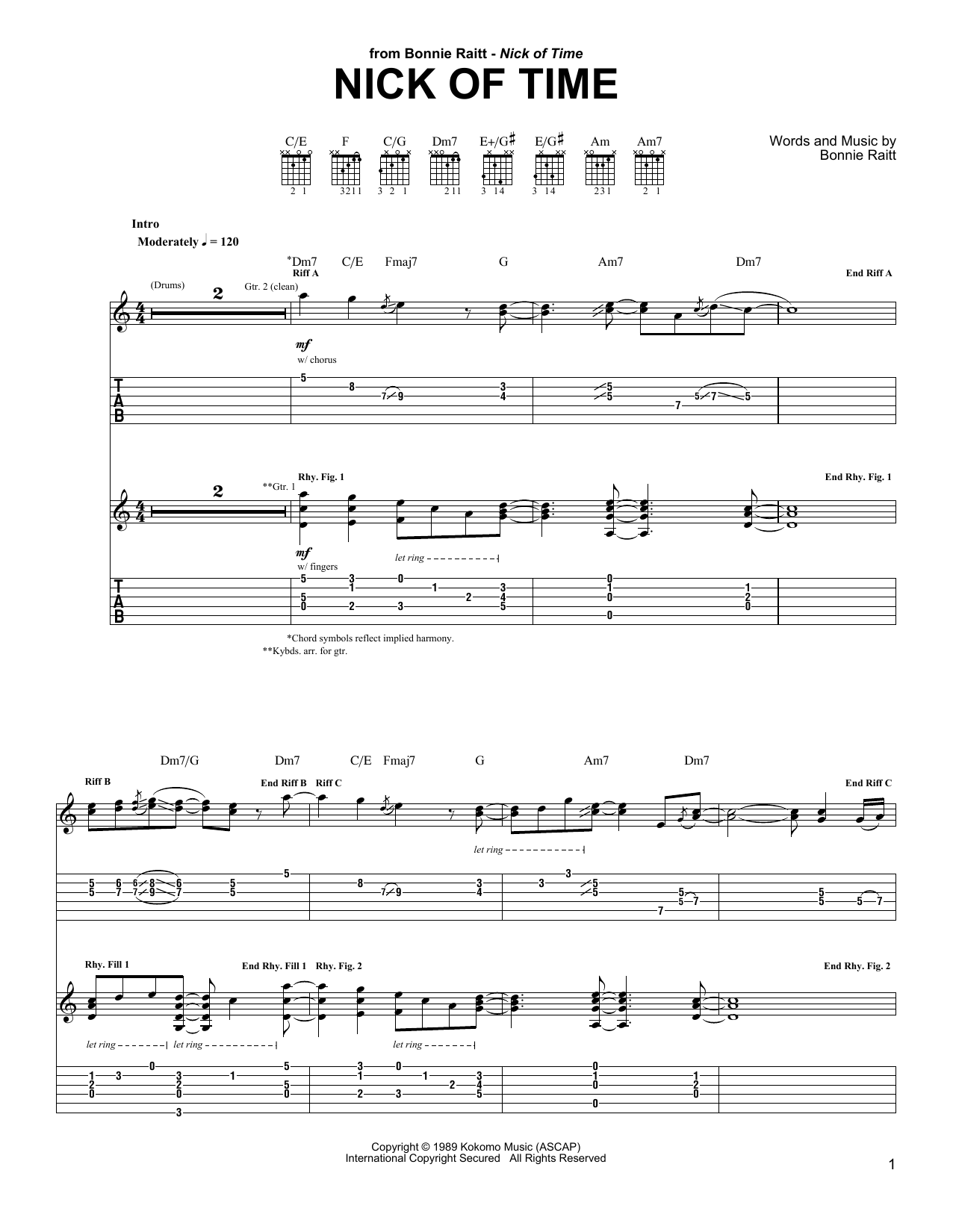 Download Bonnie Raitt Nick Of Time Sheet Music and learn how to play Guitar Tab PDF digital score in minutes