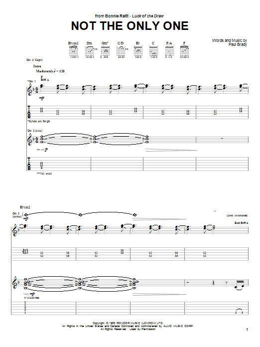 Download Bonnie Raitt Not The Only One Sheet Music and learn how to play Guitar Tab PDF digital score in minutes