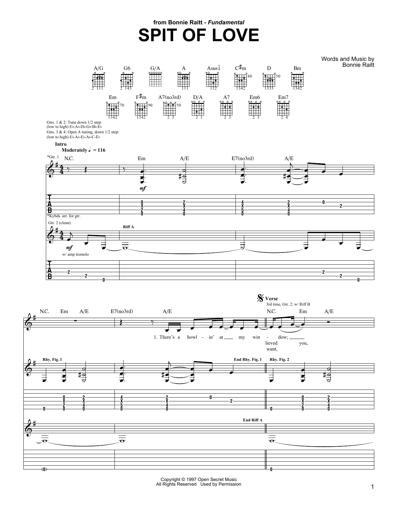 Download Bonnie Raitt Spit Of Love Sheet Music and learn how to play Guitar Tab PDF digital score in minutes