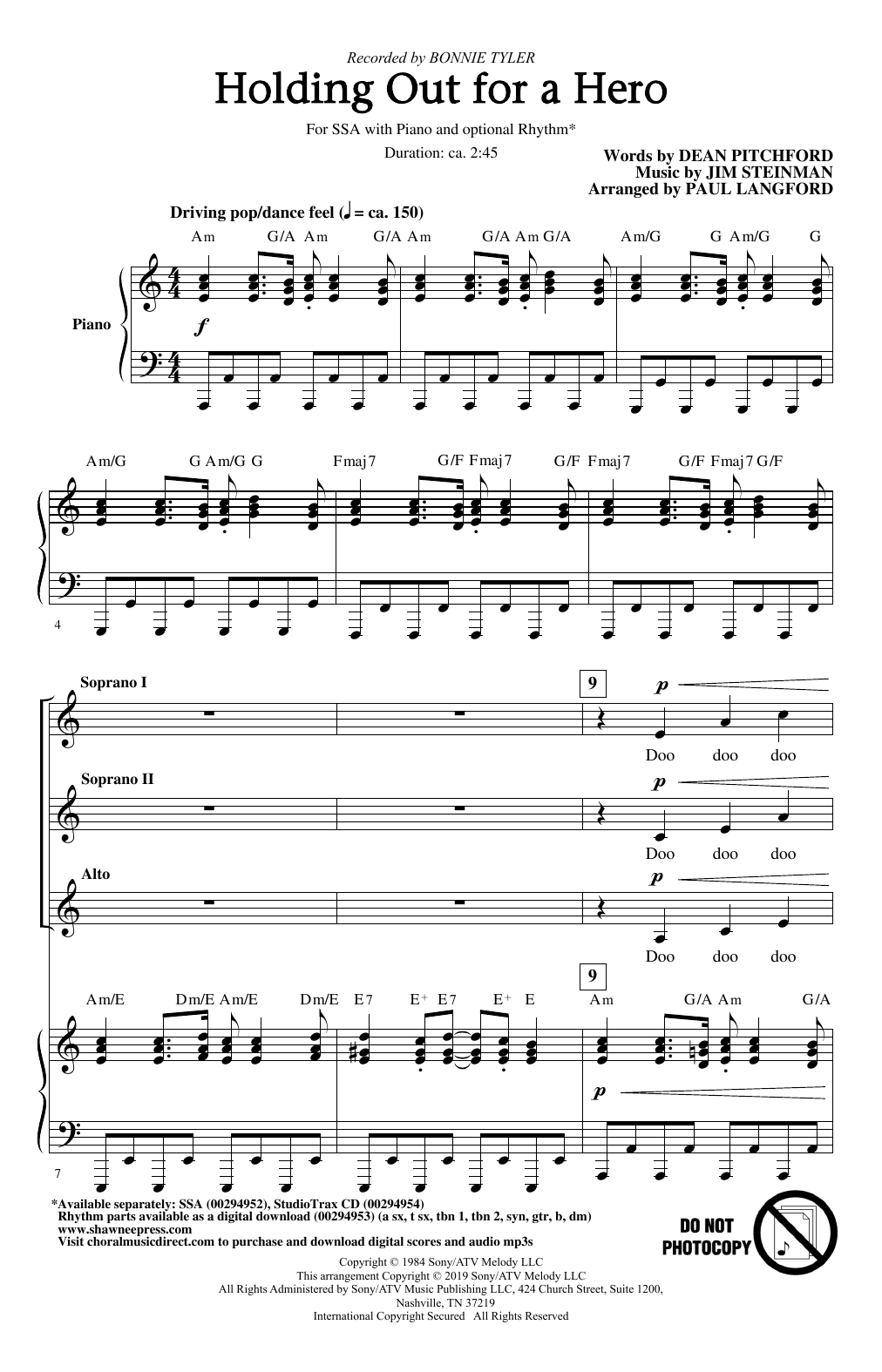 Download Bonnie Tyler Holding Out For A Hero (from Footloose) (arr. Paul Langford) Sheet Music and learn how to play SSA Choir PDF digital score in minutes