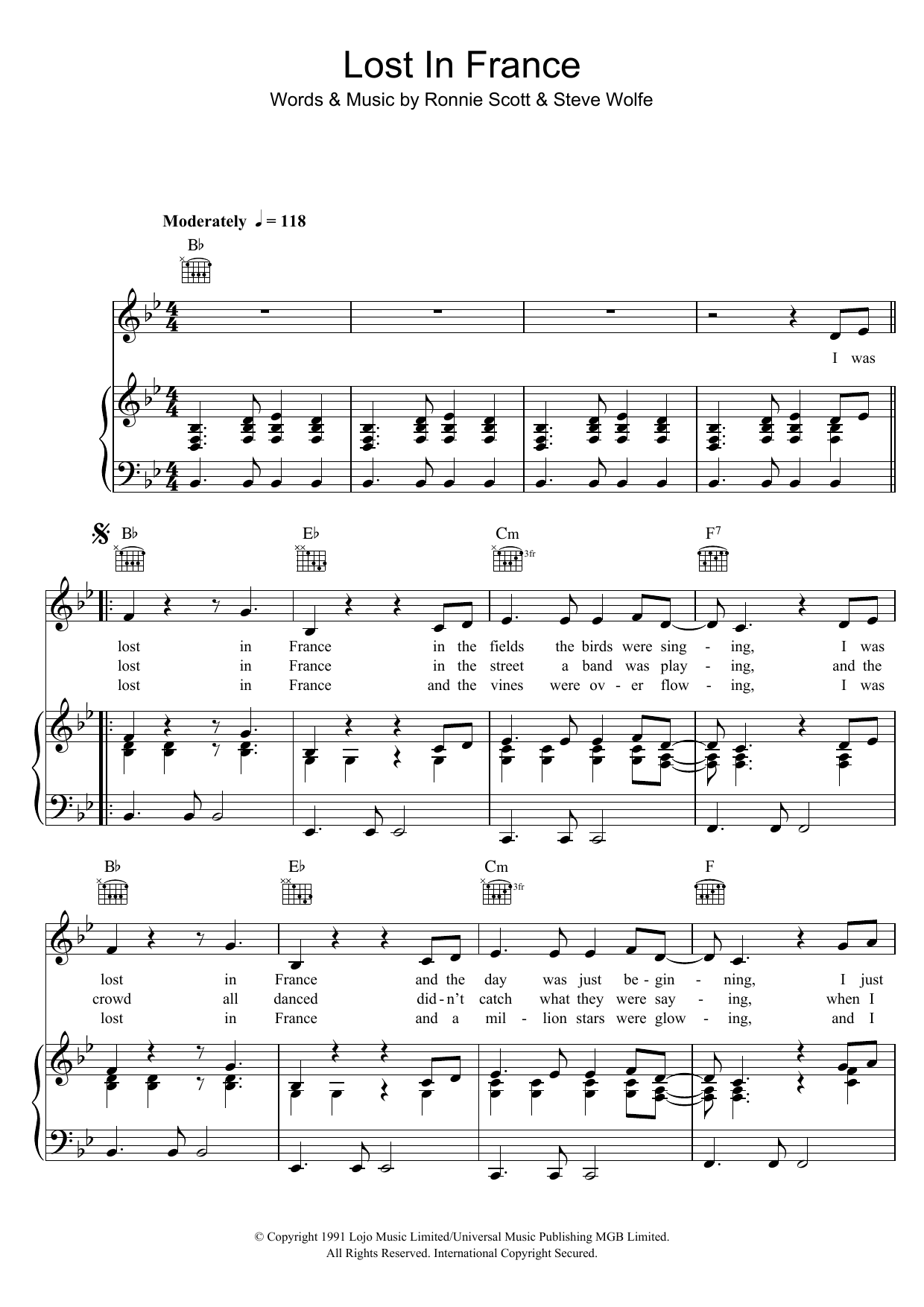 Download Bonnie Tyler Lost In France Sheet Music and learn how to play Piano, Vocal & Guitar (Right-Hand Melody) PDF digital score in minutes