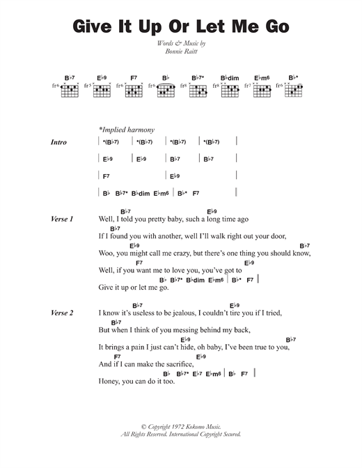 Download Bonnie Raitt Give It Up Or Let Me Go Sheet Music and learn how to play Lyrics & Chords PDF digital score in minutes