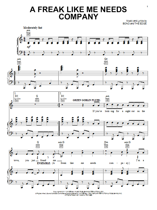 Download Bono & The Edge A Freak Like Me Needs Company Sheet Music and learn how to play Piano, Vocal & Guitar (Right-Hand Melody) PDF digital score in minutes