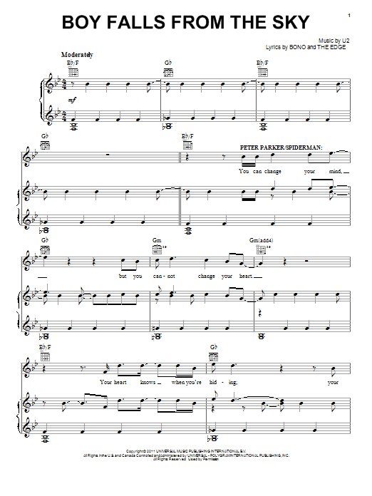 Download Bono & The Edge Boy Falls From The Sky Sheet Music and learn how to play Piano, Vocal & Guitar (Right-Hand Melody) PDF digital score in minutes