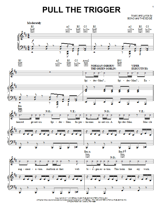 Download Bono & The Edge Pull The Trigger Sheet Music and learn how to play Piano, Vocal & Guitar (Right-Hand Melody) PDF digital score in minutes