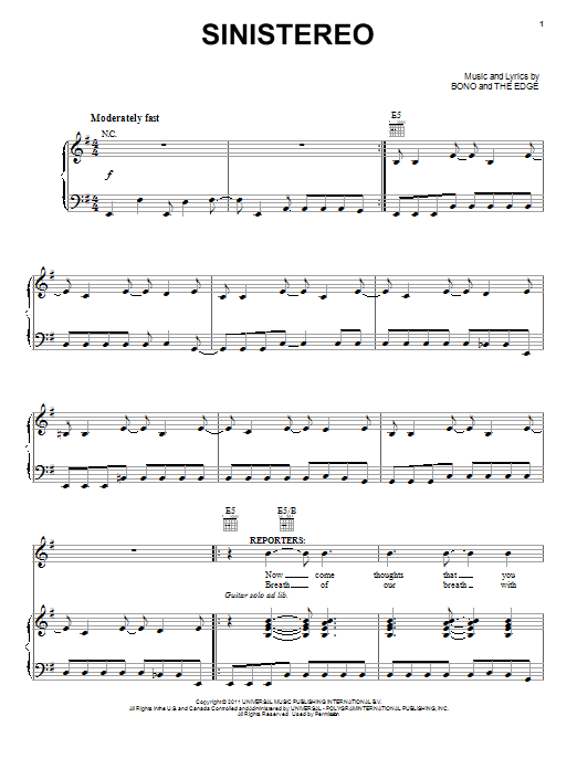 Download Bono & The Edge Sinistereo Sheet Music and learn how to play Piano, Vocal & Guitar (Right-Hand Melody) PDF digital score in minutes