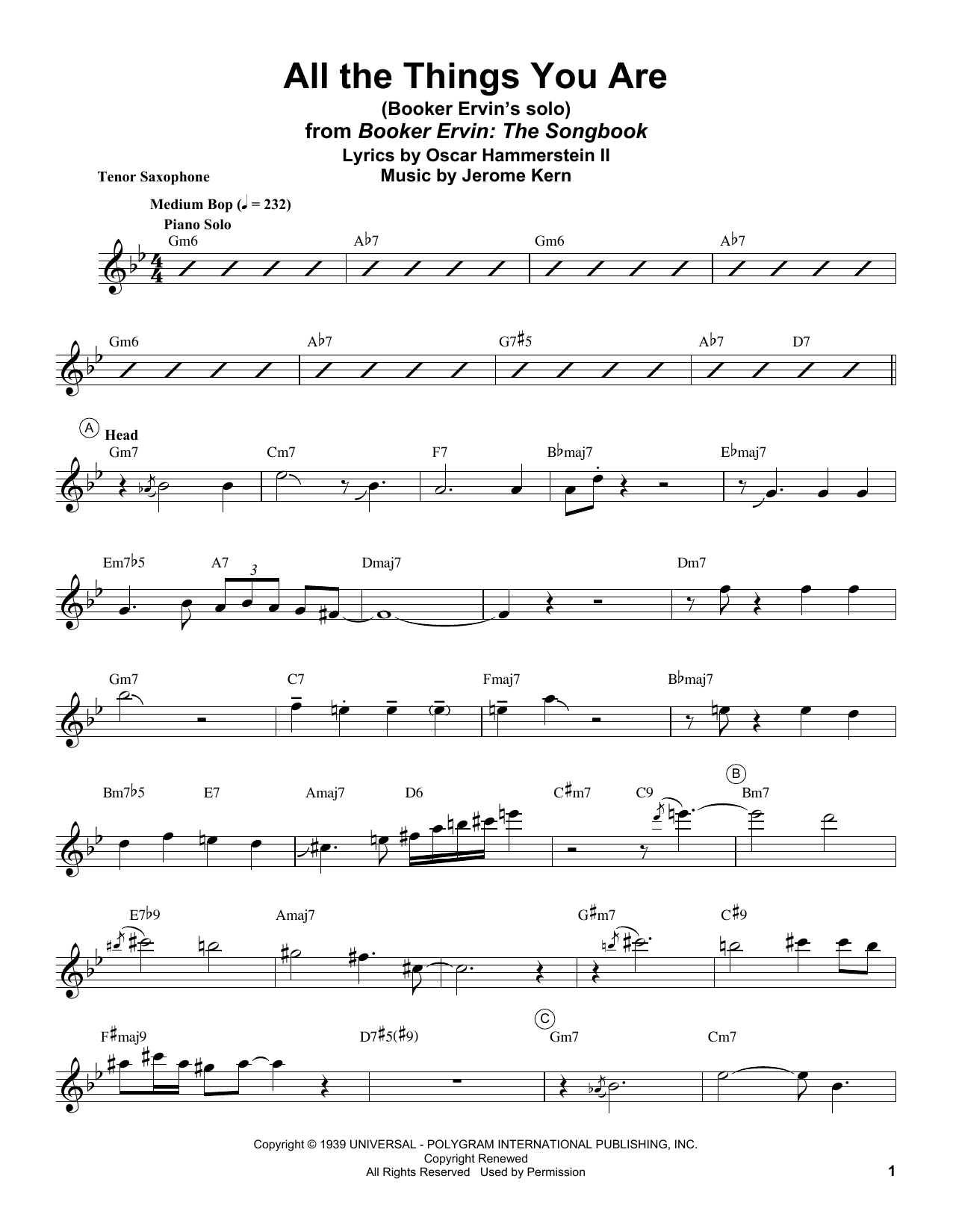 Download Booker Ervin All The Things You Are Sheet Music and learn how to play Tenor Sax Transcription PDF digital score in minutes