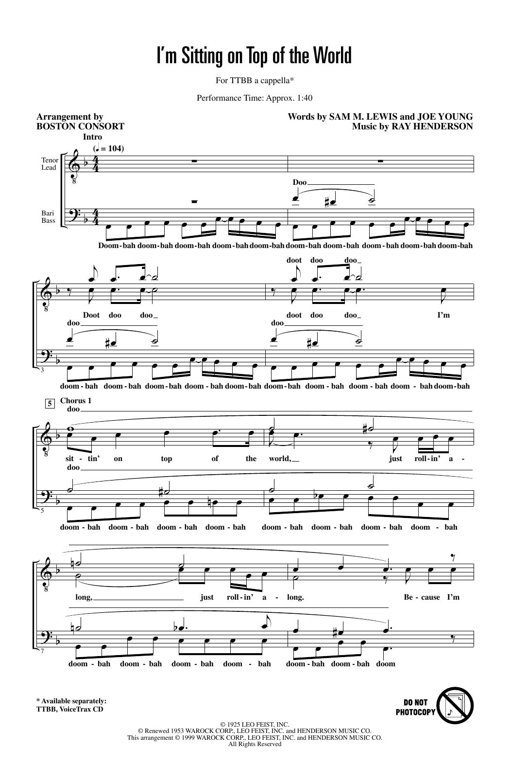 Download Boston Common I'm Sitting on Top of the World (arr. Boston Consort) Sheet Music and learn how to play TTBB Choir PDF digital score in minutes