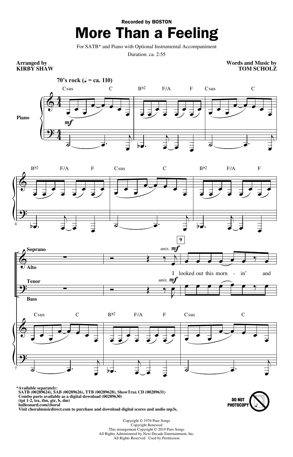Download Boston More Than a Feeling (arr. Kirby Shaw) Sheet Music and learn how to play SATB Choir PDF digital score in minutes