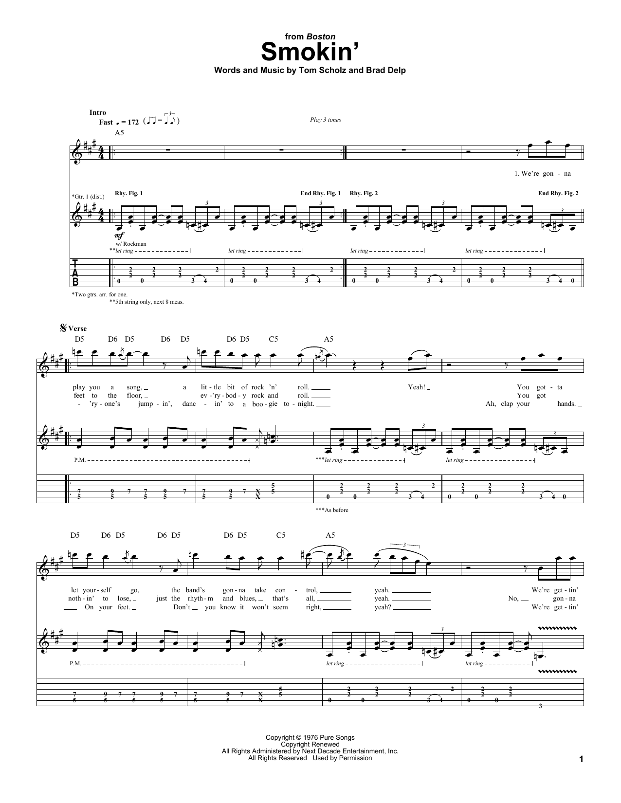 Download Boston Smokin' Sheet Music and learn how to play Guitar Tab PDF digital score in minutes
