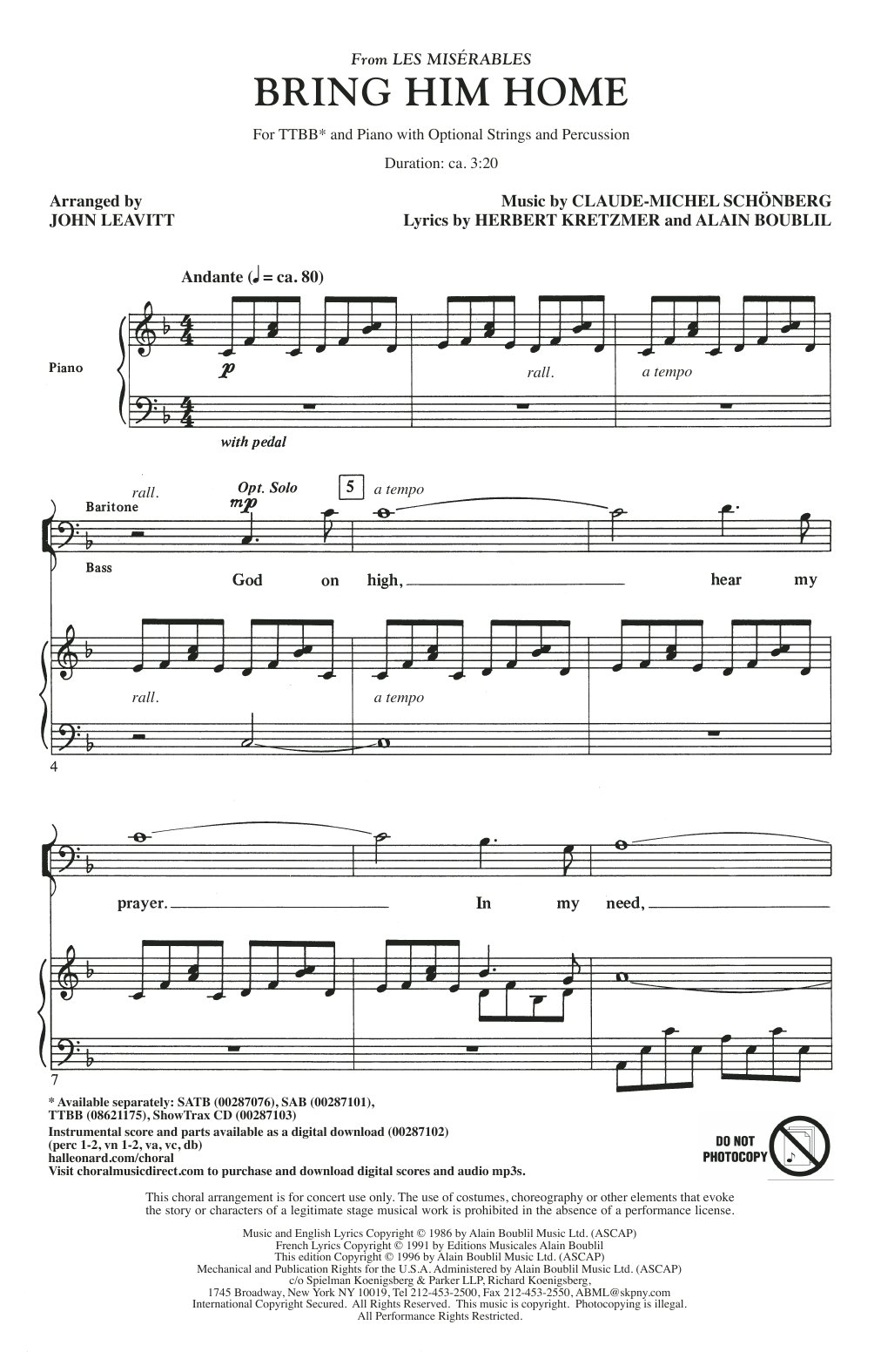 Download Boublil & Schonberg Bring Him Home (from Les Miserables) (arr. John Leavitt) Sheet Music and learn how to play SATB Choir PDF digital score in minutes