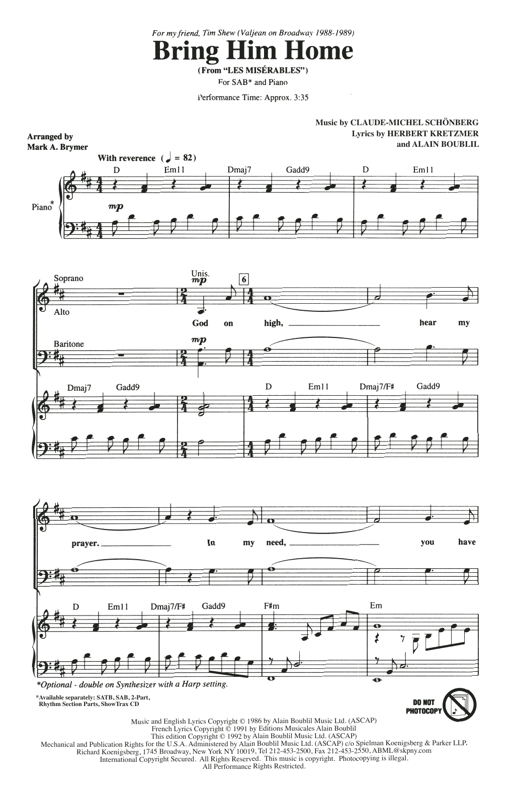 Download Boublil & Schonberg Bring Him Home (from Les Miserables) (arr. Mark Brymer) Sheet Music and learn how to play SAB Choir PDF digital score in minutes
