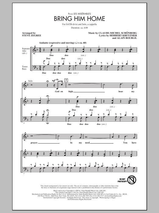 Download Boublil and Schonberg Bring Him Home (from Les Miserable) (arr. Steve Zegree) Sheet Music and learn how to play SATB PDF digital score in minutes