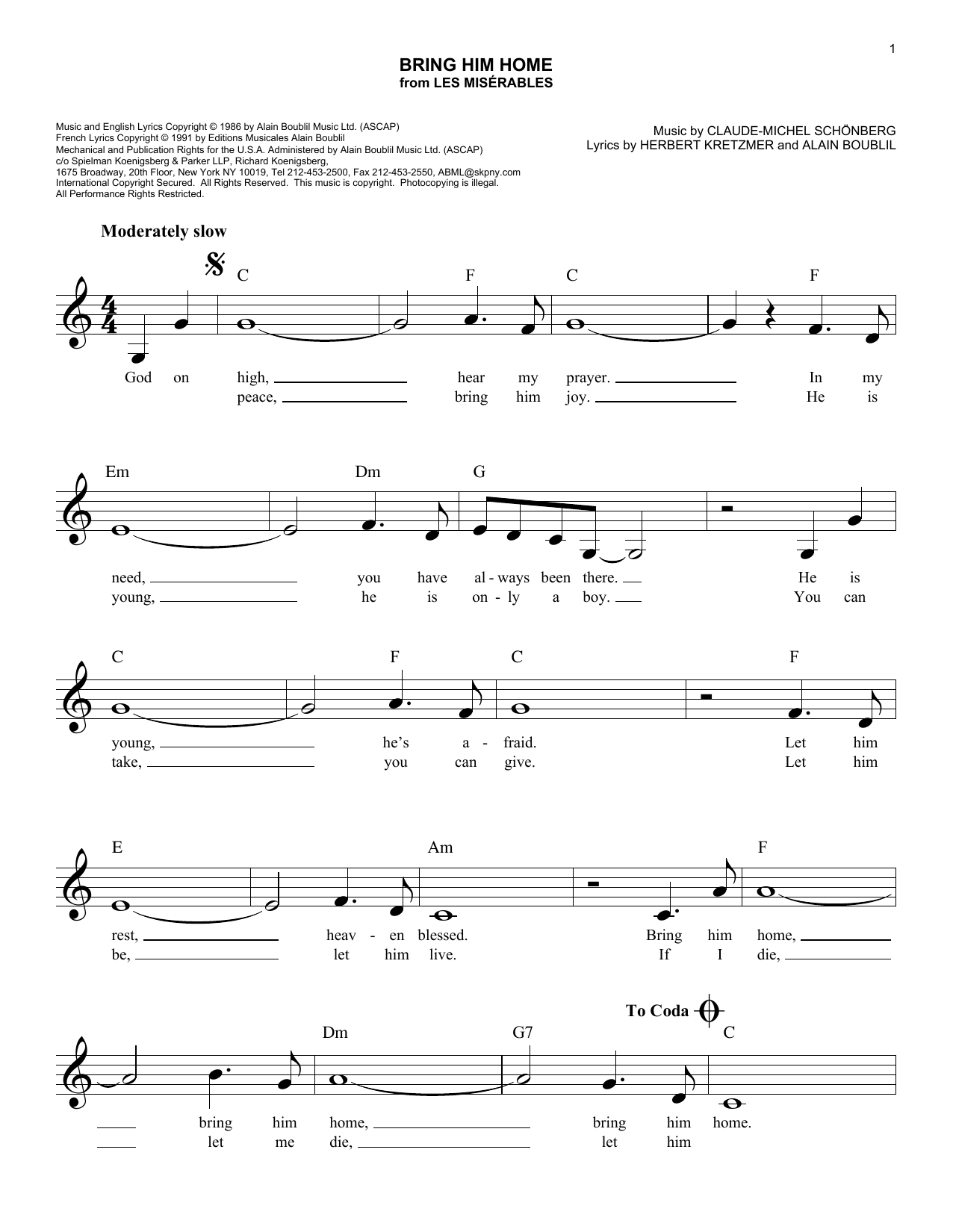 Download Boublil & Schonberg Bring Him Home (from Les Miserables) Sheet Music and learn how to play Really Easy Piano PDF digital score in minutes