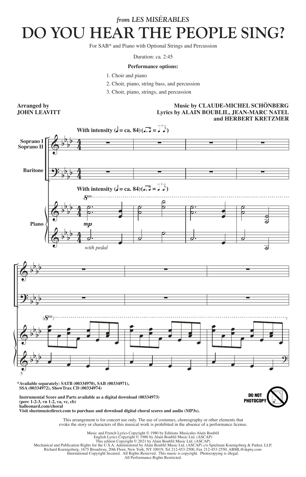 Download Boublil & Schönberg Do You Hear The People Sing? (from Les Misérables) (arr. John Leavitt) Sheet Music and learn how to play SAB Choir PDF digital score in minutes