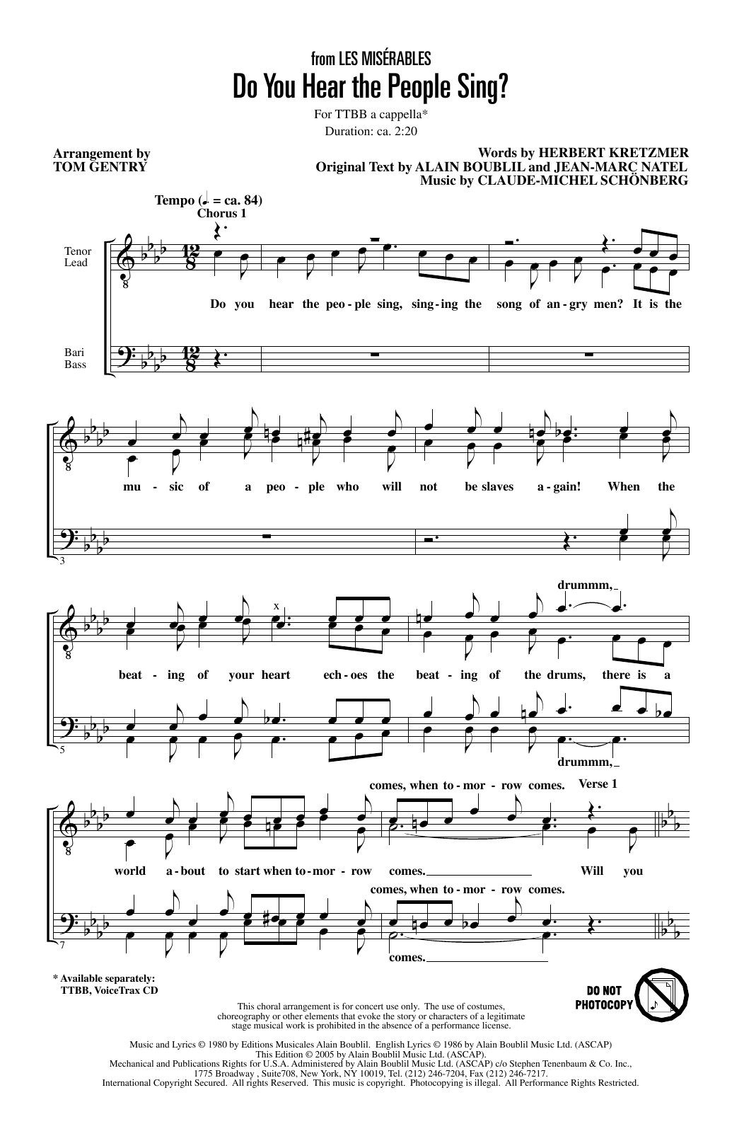 Download Boublil & Schonberg Do You Hear The People Sing? (from Les Miserables) (arr. Tom Gentry) Sheet Music and learn how to play TTBB Choir PDF digital score in minutes