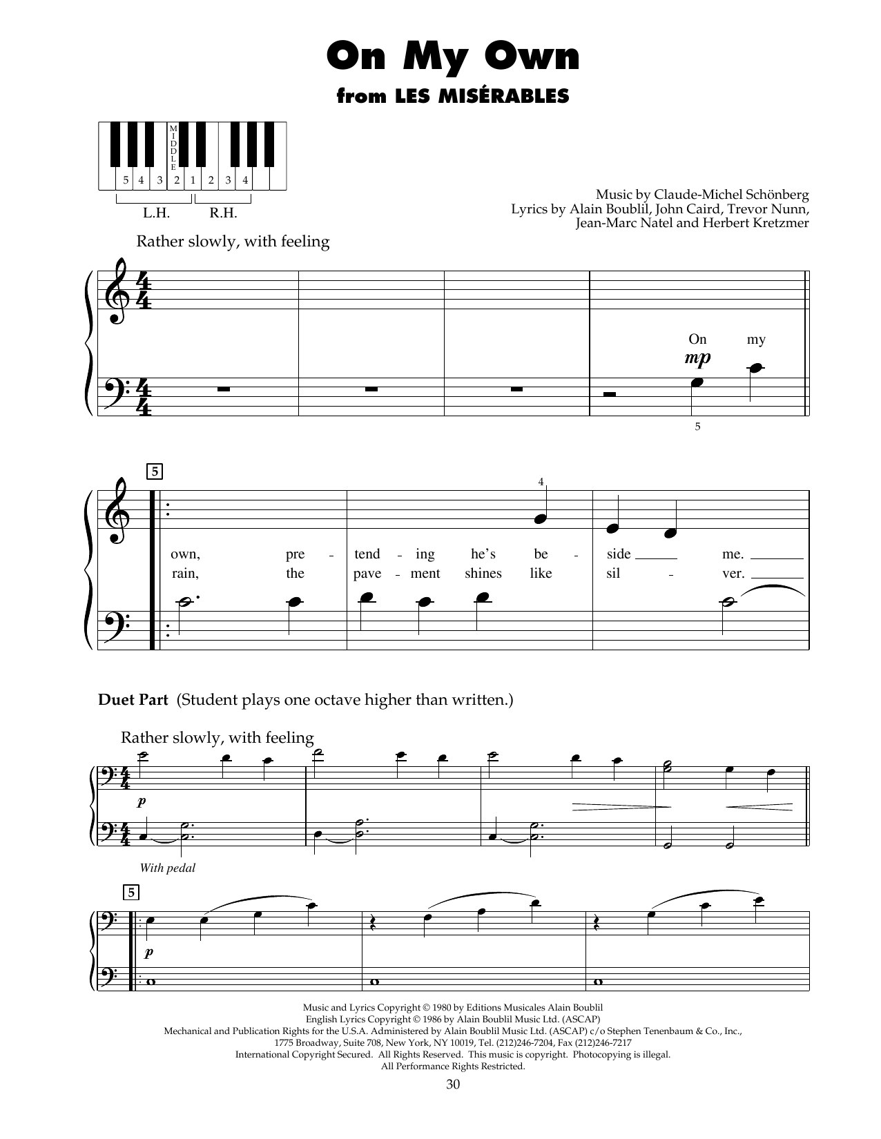 Download Boublil & Schonberg On My Own (from Les Miserables) Sheet Music and learn how to play 5-Finger Piano PDF digital score in minutes