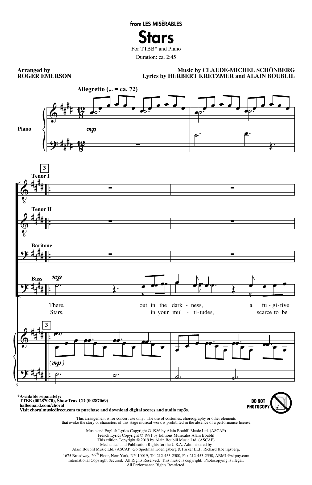 Download Boublil & Schonberg Stars (from Les Miserables) (arr. Roger Emerson) Sheet Music and learn how to play TTBB Choir PDF digital score in minutes