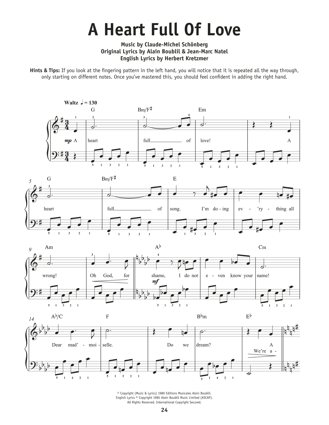 Download Boublil and Schonberg A Heart Full Of Love (from Les Miserables) Sheet Music and learn how to play Beginner Piano PDF digital score in minutes