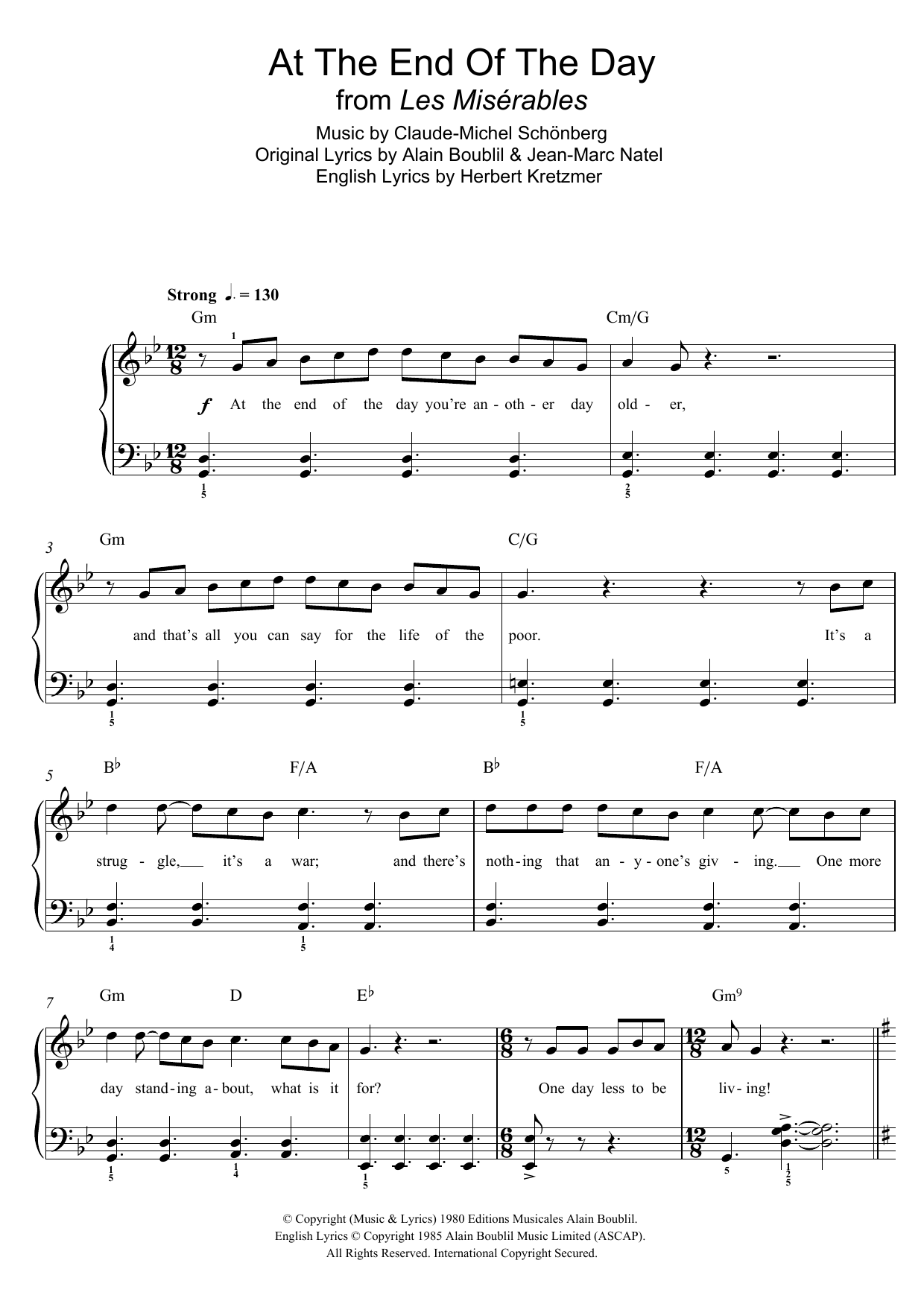 Download Boublil and Schonberg At The End Of The Day (from Les Miserables) Sheet Music and learn how to play Beginner Piano PDF digital score in minutes