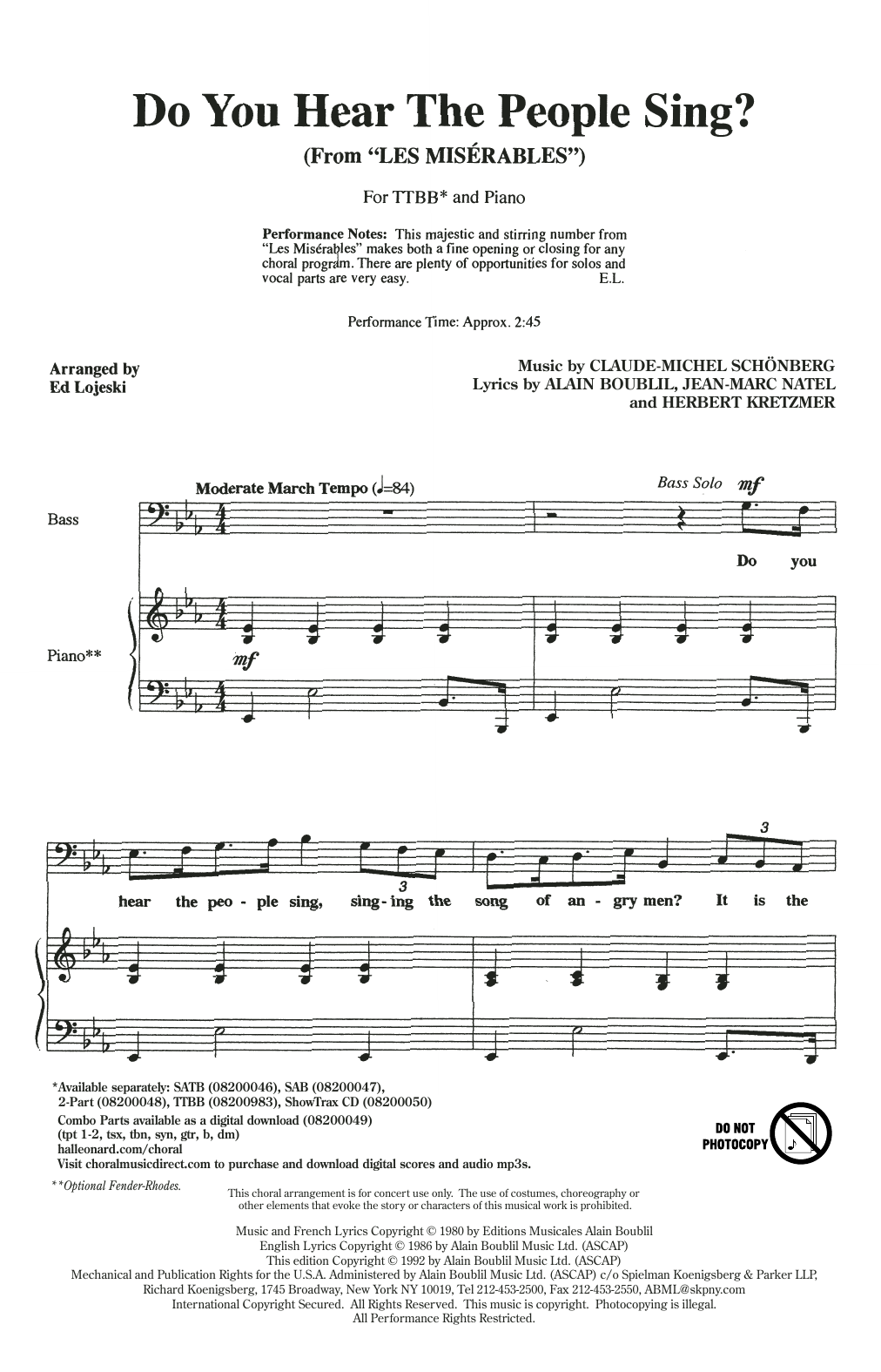 Download Boublil and Schonberg Do You Hear The People Sing? (from Les Miserables) (arr. Ed Lojeski) Sheet Music and learn how to play TTBB Choir PDF digital score in minutes