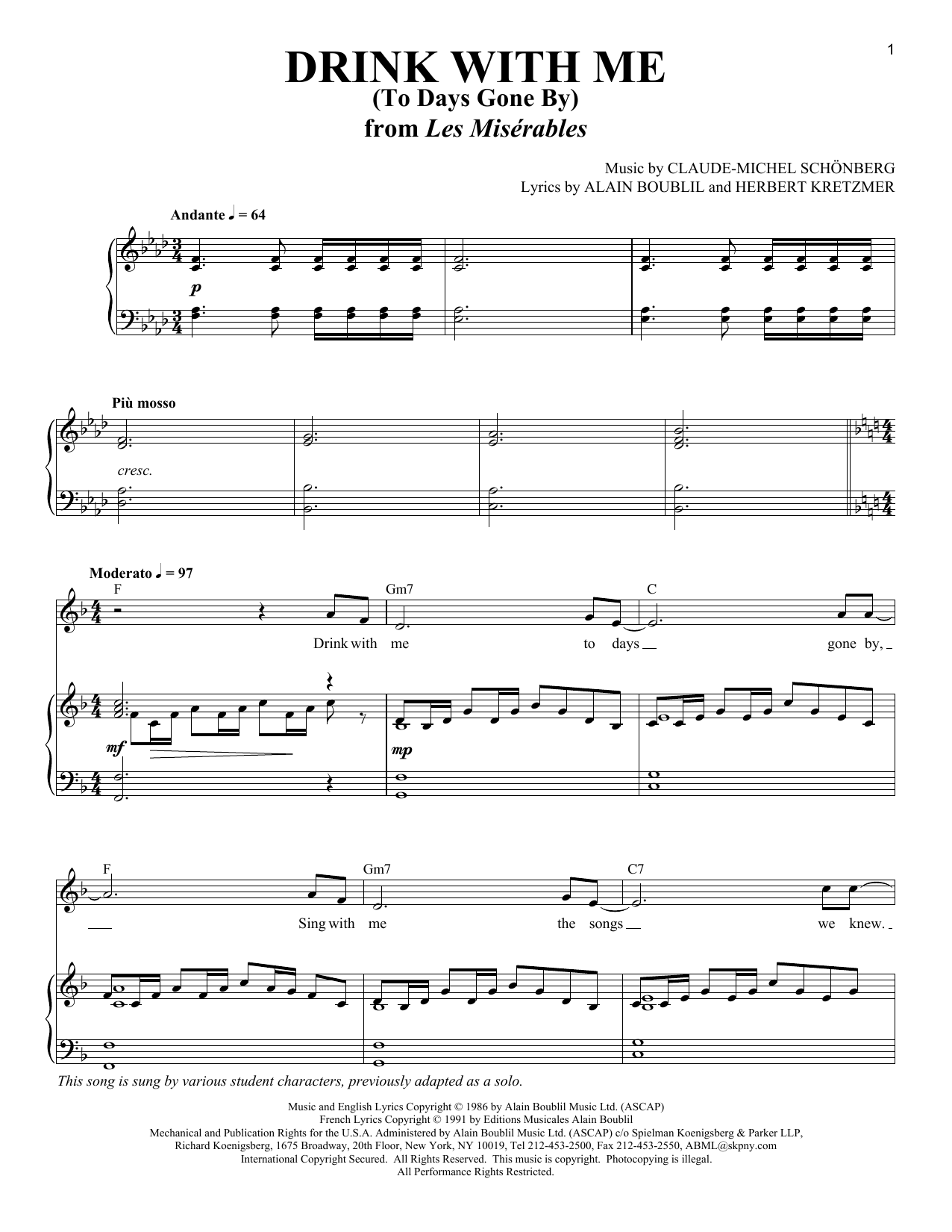 Download Boublil and Schonberg Drink With Me (To Days Gone By) Sheet Music and learn how to play Piano, Vocal & Guitar (Right-Hand Melody) PDF digital score in minutes