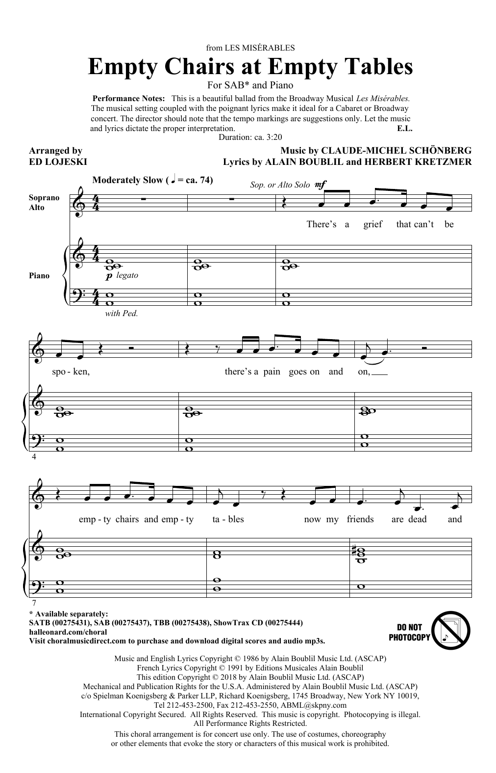 Download Boublil and Schonberg Empty Chairs At Empty Tables (from Les Miserables) (arr. Ed Lojeski) Sheet Music and learn how to play SATB Choir PDF digital score in minutes