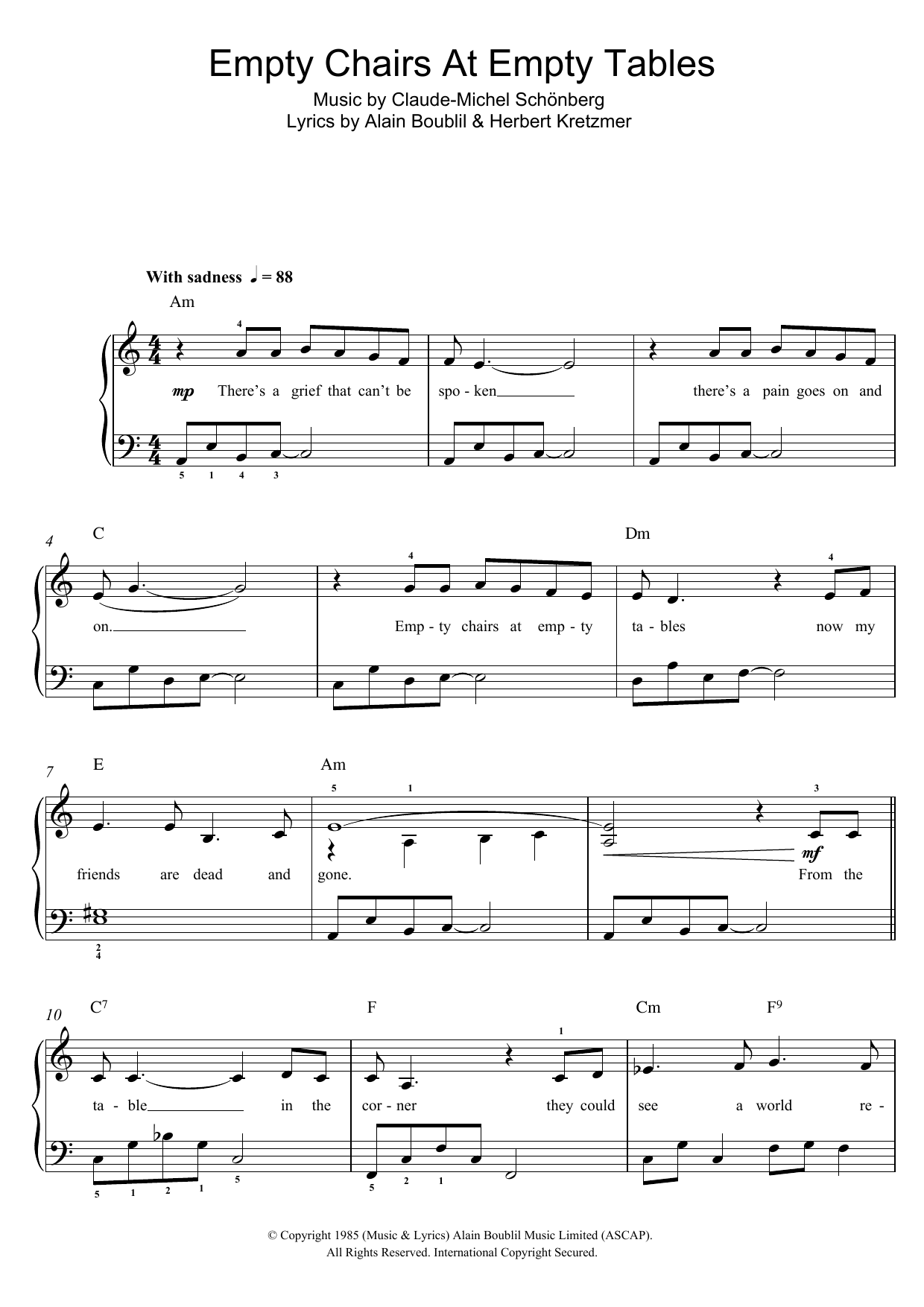 Download Boublil and Schonberg Empty Chairs At Empty Tables (from Les Miserables) Sheet Music and learn how to play Beginner Piano PDF digital score in minutes