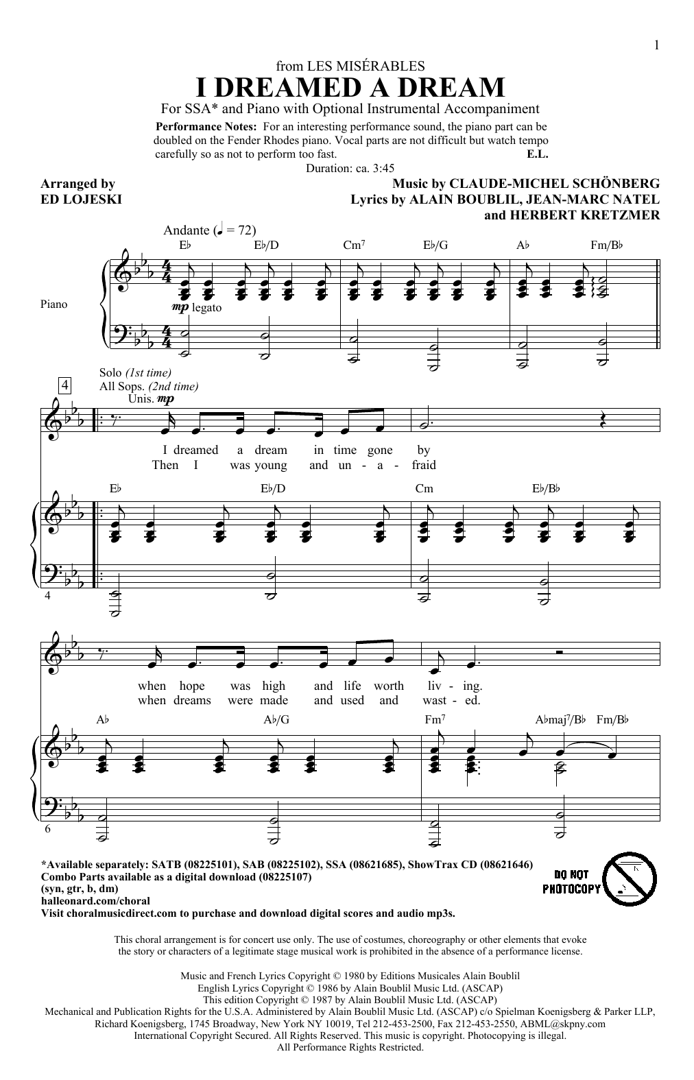 Download Boublil and Schonberg I Dreamed A Dream (from Les Miserable) (arr. Ed Lojeski) Sheet Music and learn how to play SSA PDF digital score in minutes