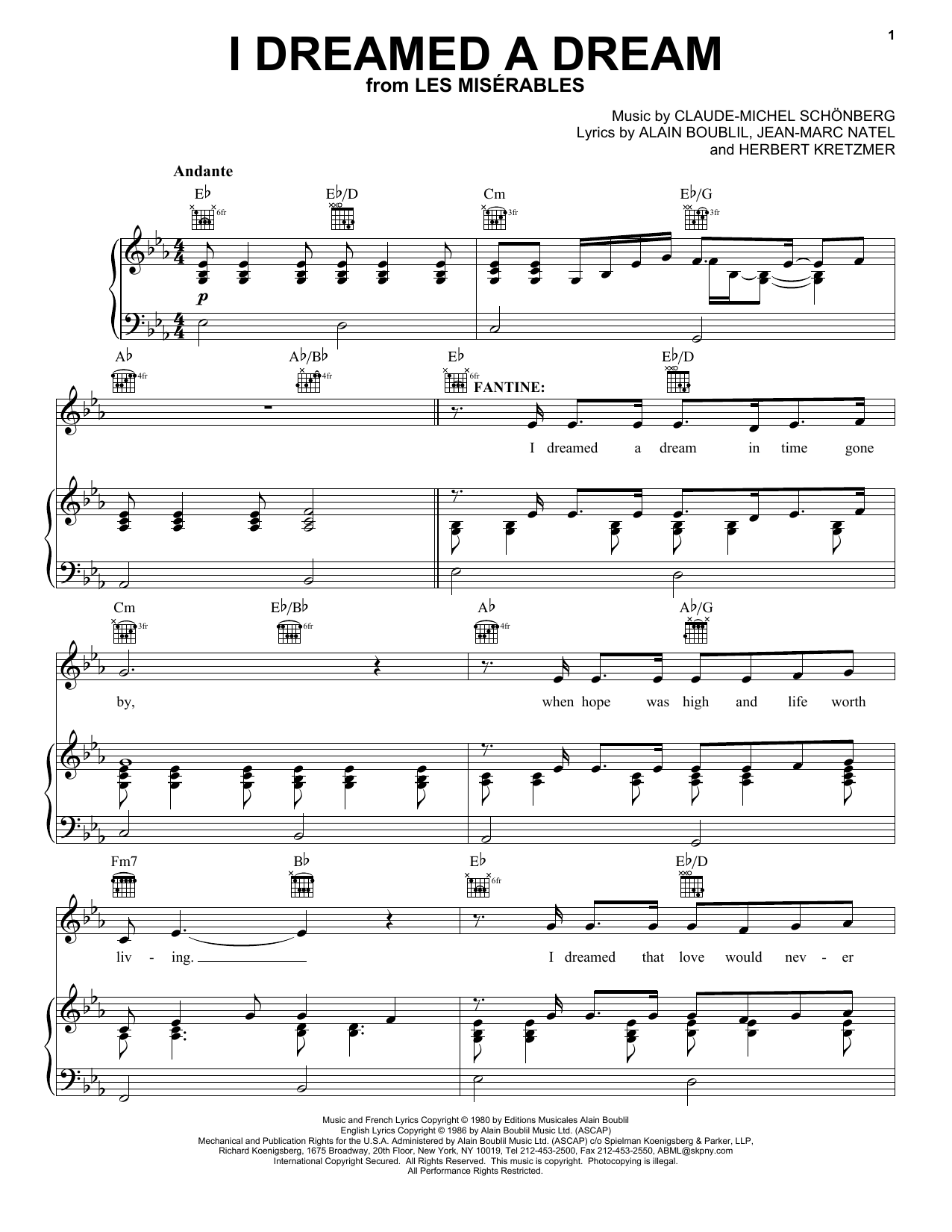 Download Boublil and Schonberg I Dreamed A Dream (from Les Miserables) Sheet Music and learn how to play Beginner Piano PDF digital score in minutes