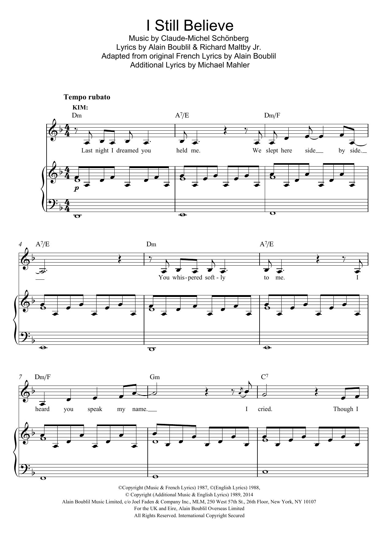 Download Boublil and Schonberg I Still Believe (from Miss Saigon) Sheet Music and learn how to play Piano & Vocal PDF digital score in minutes