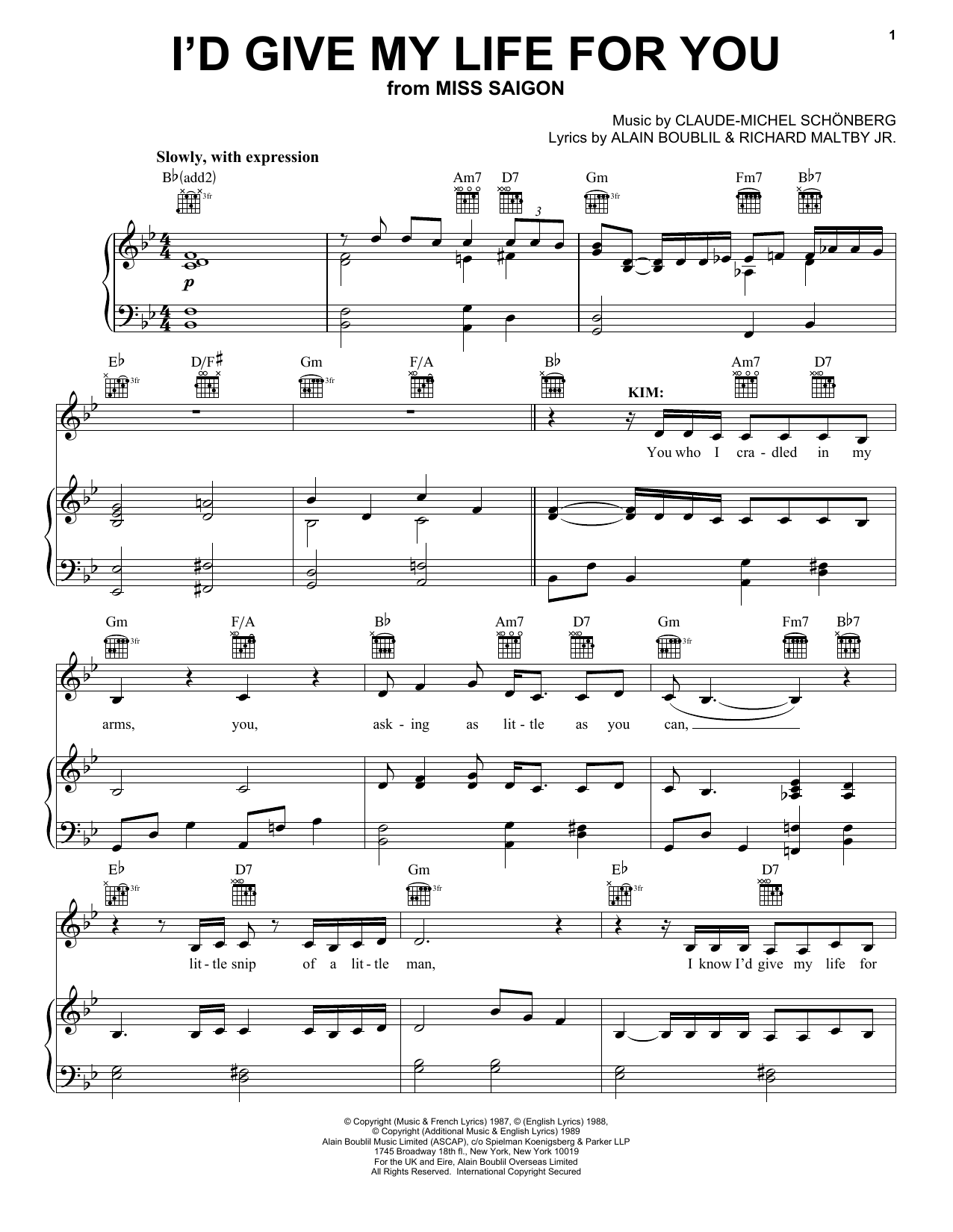 Download Claude-Michel Schonberg I'd Give My Life For You Sheet Music and learn how to play Melody Line, Lyrics & Chords PDF digital score in minutes